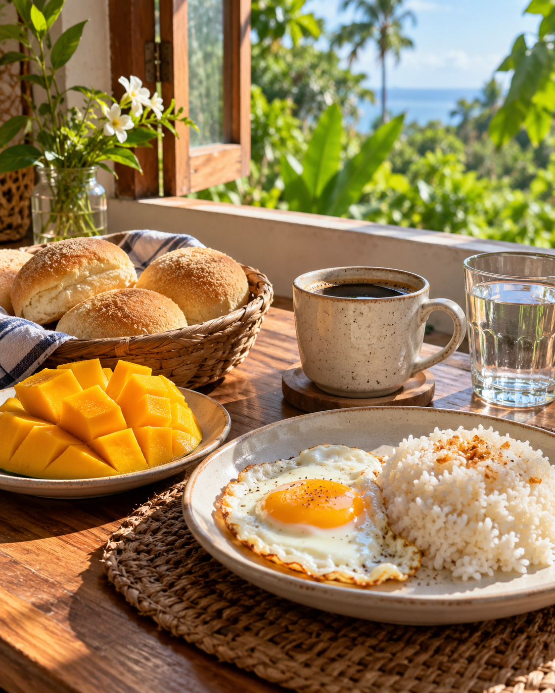 Coffee, pan de sal, mango and egg set out in morning light