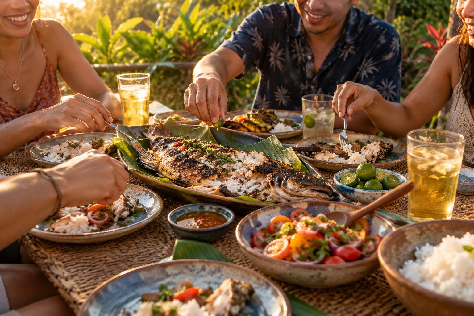Friends sharing grilled fish and rice at an open-air evening meal
