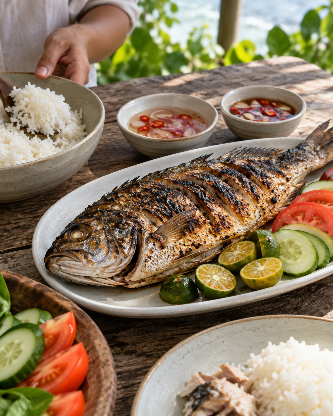 Grilled fish with rice, calamansi and dipping sauces on a shaded table