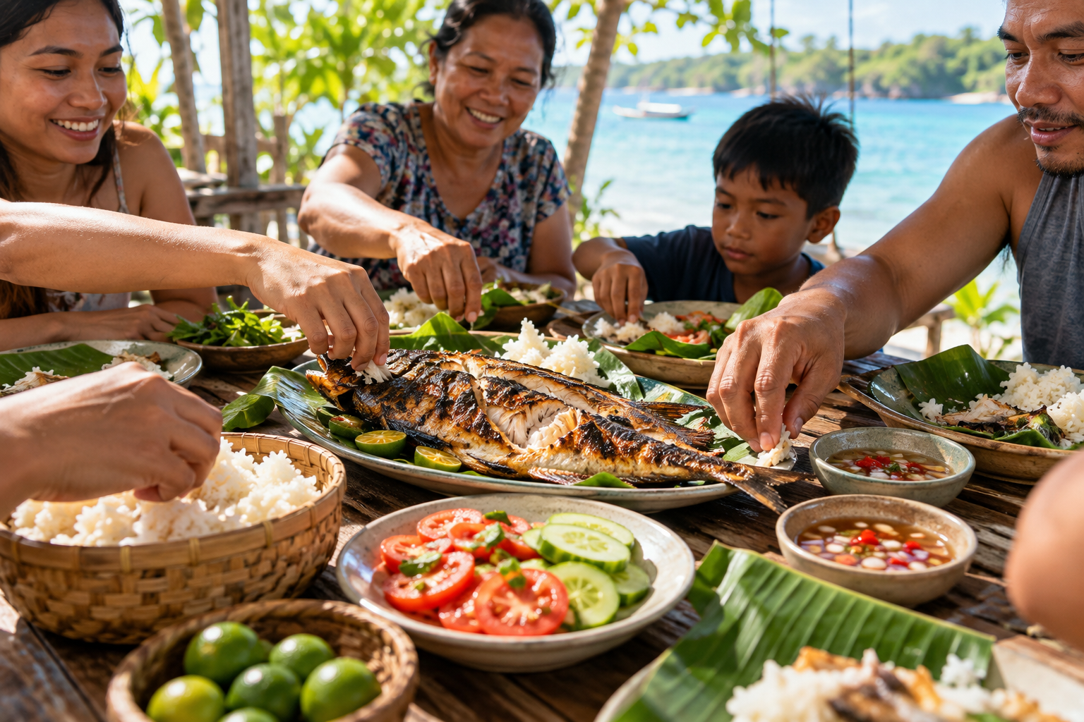 A shared Filipino meal of grilled fish, rice, vegetables and dipping sauces