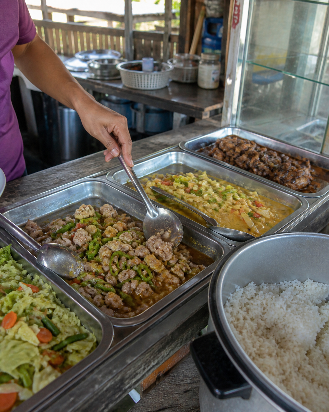 An everyday lunch counter with cooked dishes, rice and a server’s hand