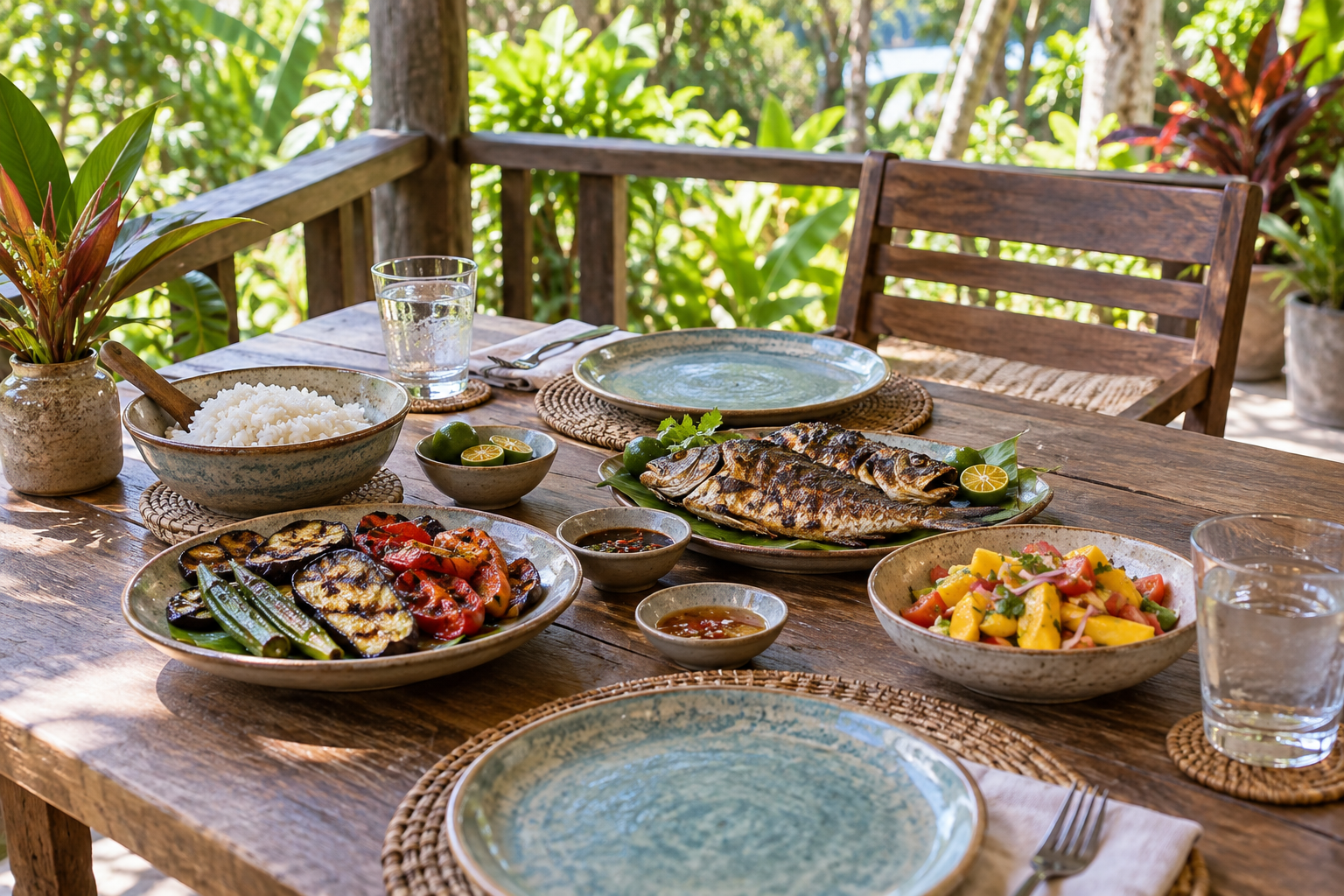 An open-air lunch table with grilled fish, vegetables, rice and calamansi