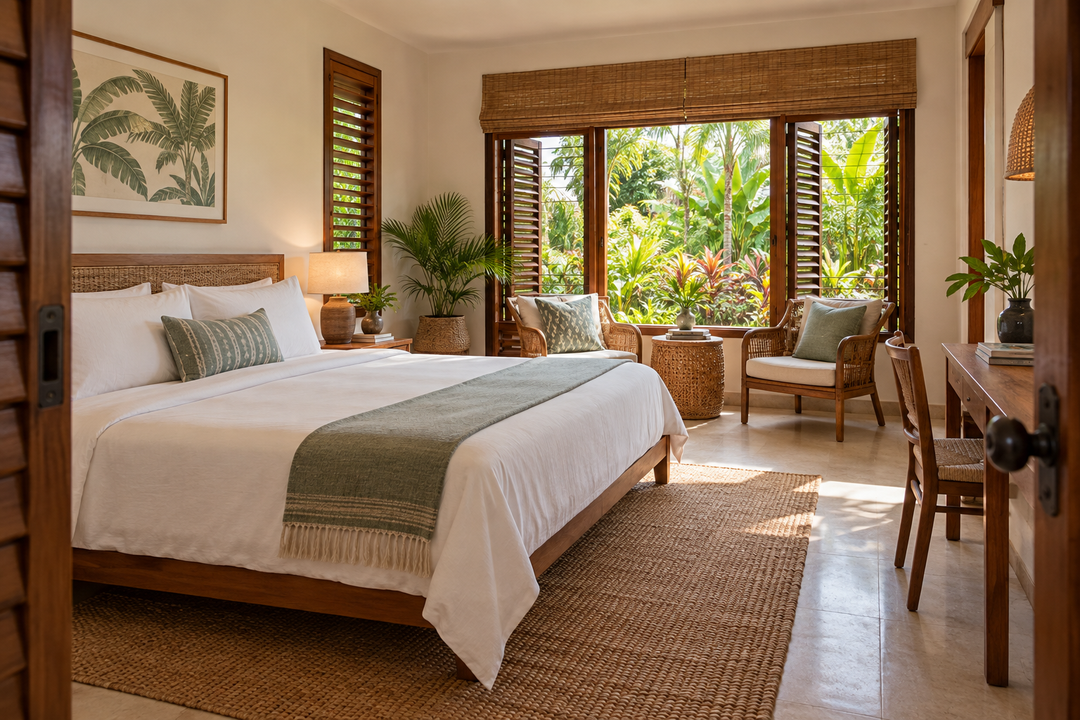 A bright island hotel room with open timber shutters and a garden beyond