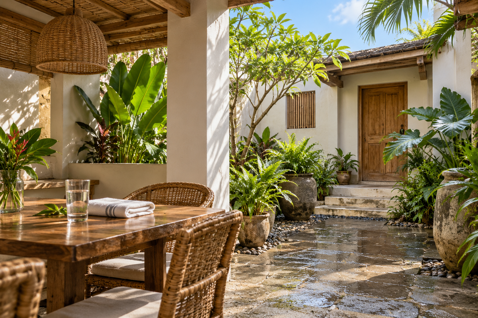 A bright, modest guesthouse courtyard with a shaded dining nook