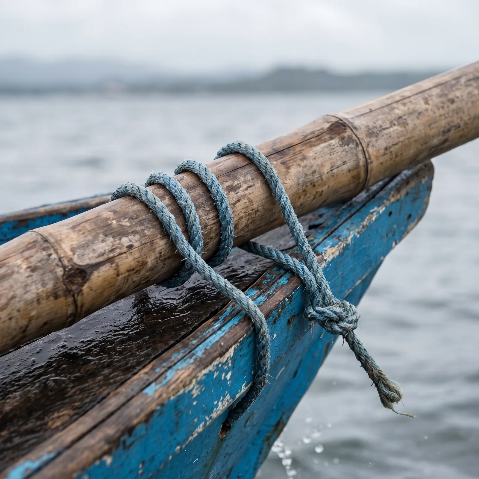 Blue rope wrapped around bamboo beside a painted boat edge