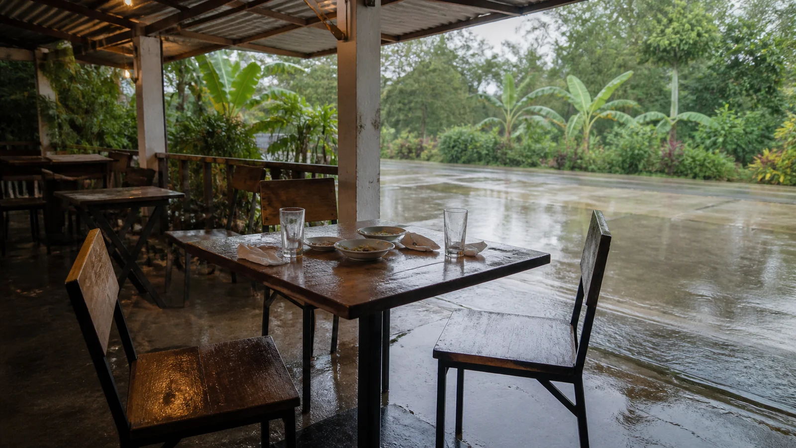 A recently used covered table after a tropical rain shower