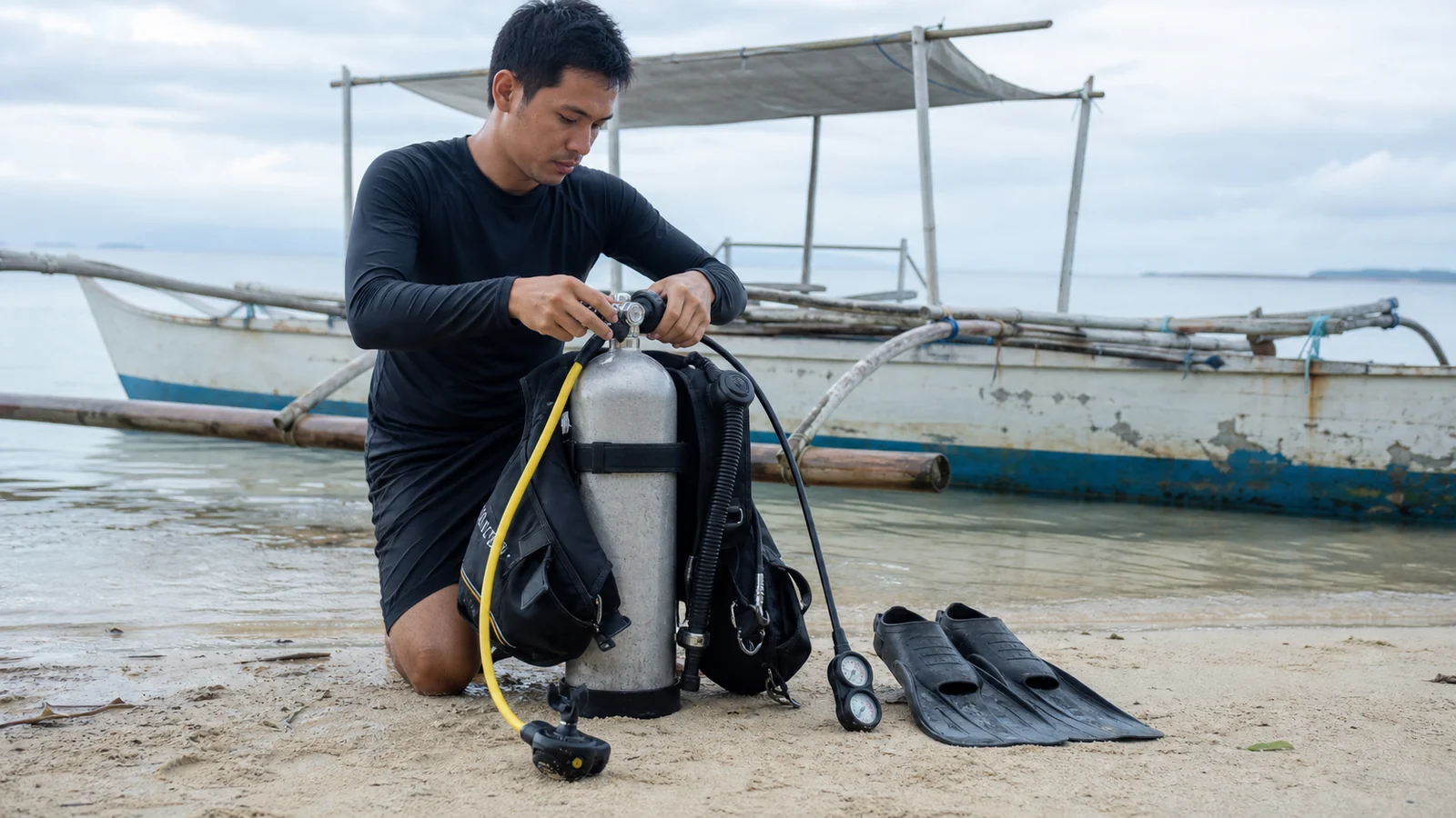 A dive professional helping a beginner prepare scuba equipment beside the water