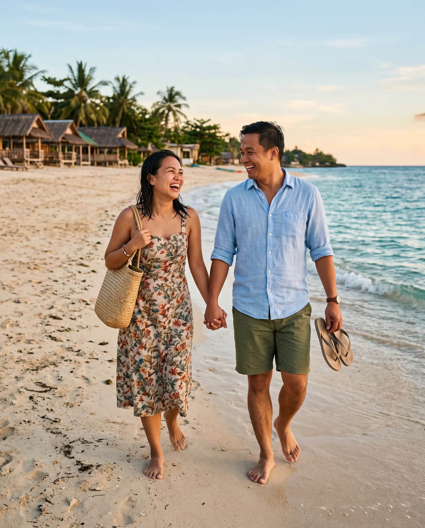 A couple laughing together during a sunset walk beside the water