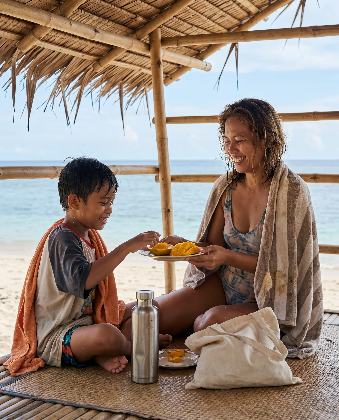 A parent and child sharing fruit in the shade after swimming