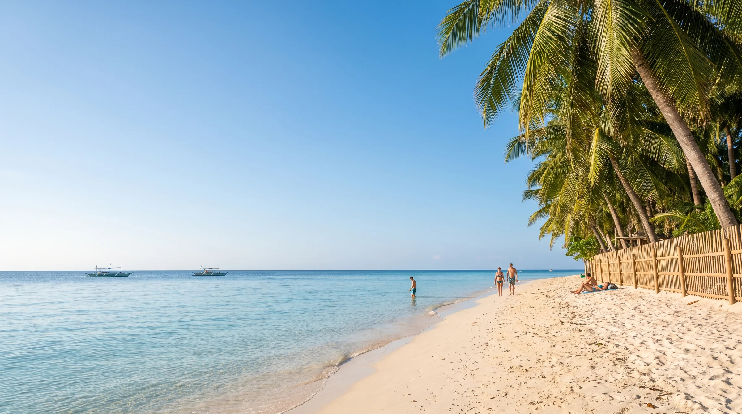 A calm tropical beach morning with pale sand, clear water and distant boats