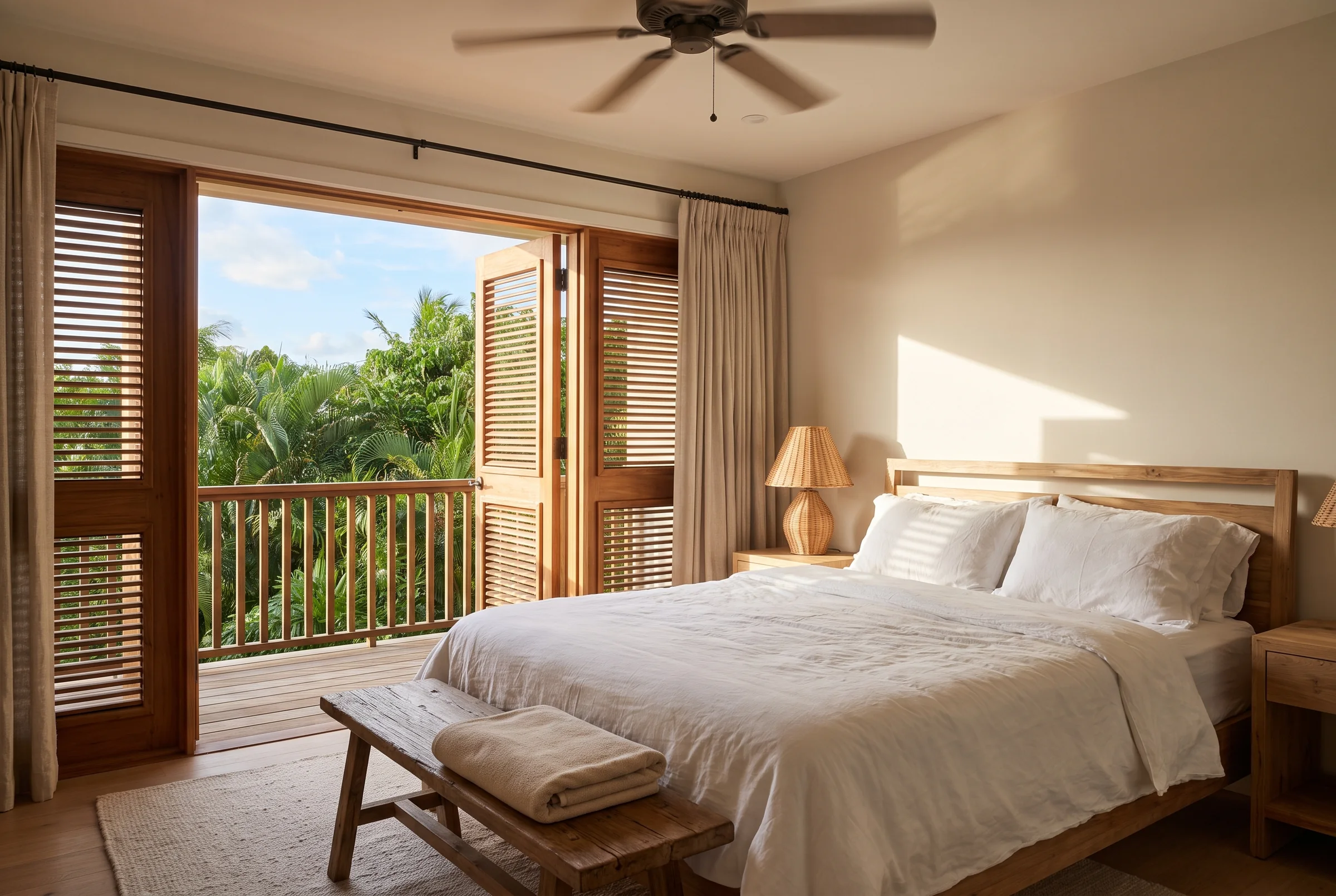 A warm island room with open wooden shutters facing tropical greenery