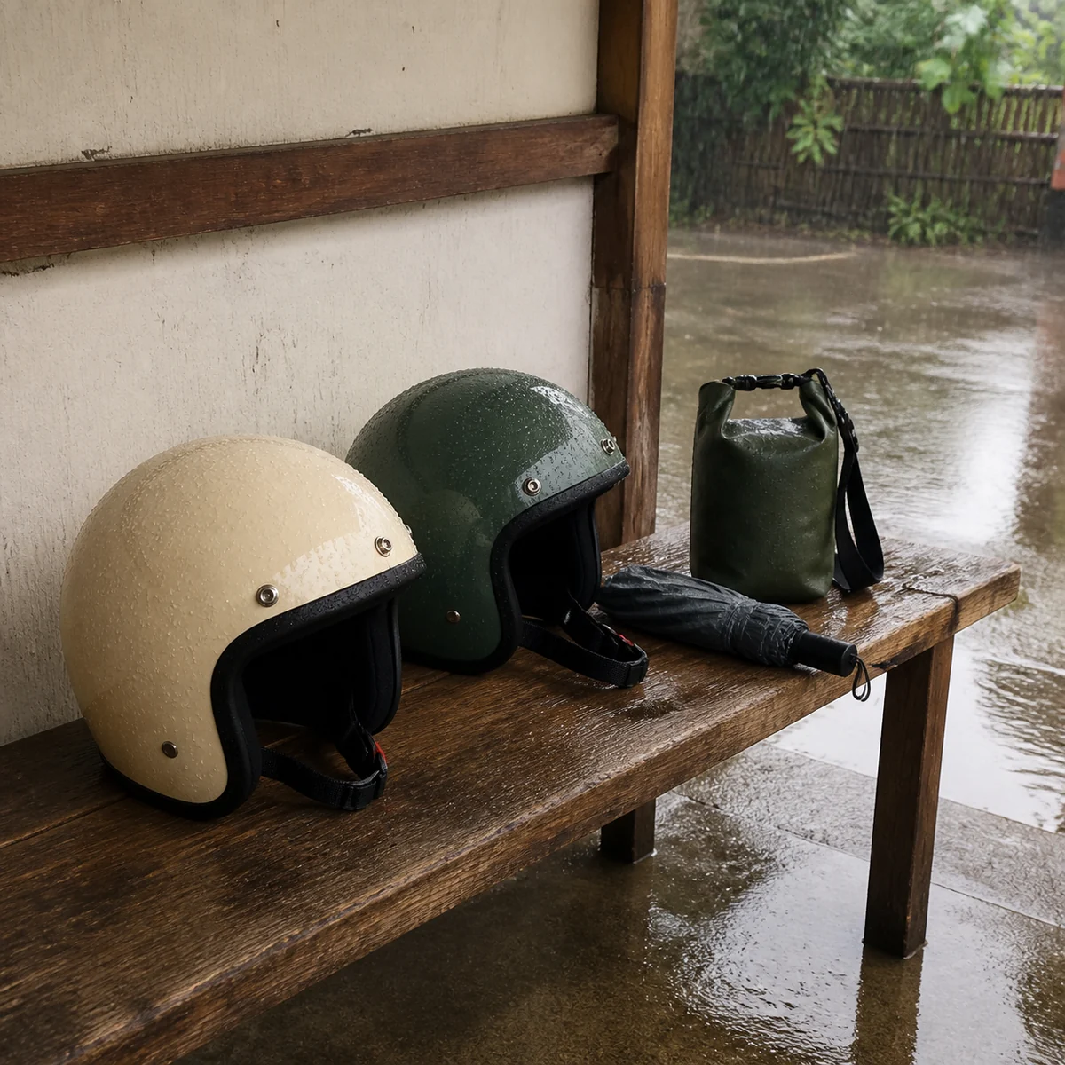 Travel essentials sheltered beneath an awning