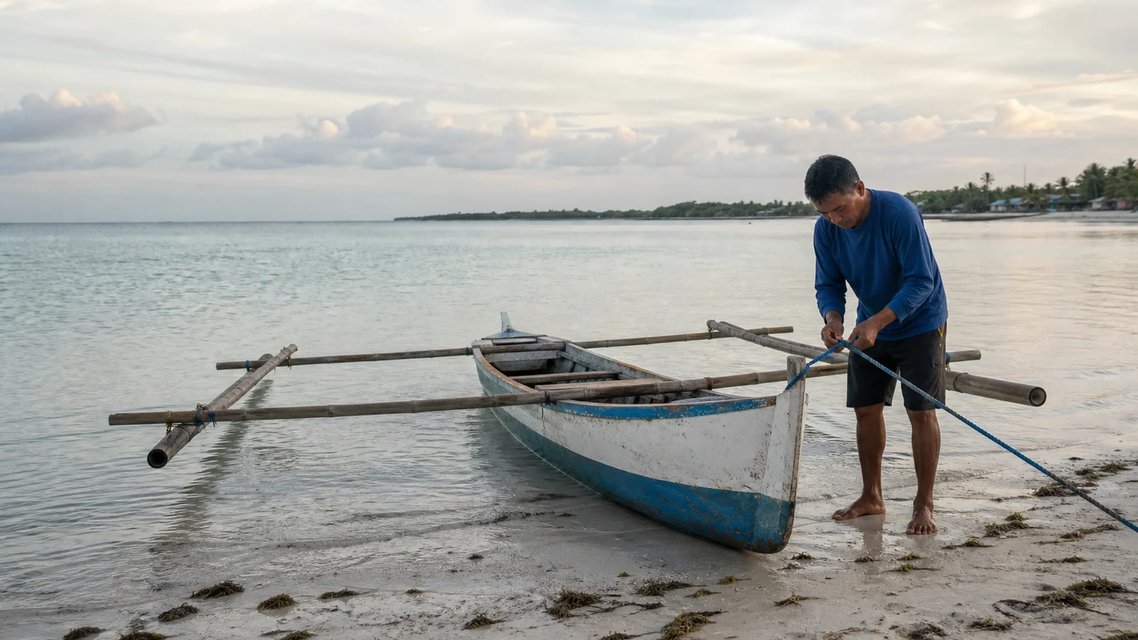A crew member preparing an outrigger boat at first light